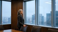 Professional businesswoman in dark suit gazing out floor-to-ceiling windows at urban skyline from modern office corner with wooden panels and city view.