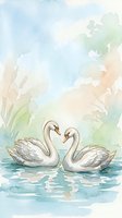 Pair of white swans swimming together in calm water surrounded by soft watercolor foliage in pastel tones, ideal for wedding invitations and romantic designs.