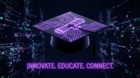 Graduation cap with glowing purple circuit board design symbolizing digital learning, technology education, and innovation in academic training and online courses.