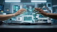 Two hands positioned above a desk with glowing digital network connections between them, representing data transfer, collaboration, and technology innovation in a modern office environment.