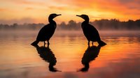 Two cormorants stand in shallow water at sunrise, silhouetted against golden sky and mist. Wildlife scene for nature, animal, and environmental design projects.