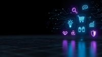Digital technology network with glowing neon business icons floating above reflective surface in dark futuristic environment for modern commerce concepts.