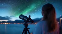 Young woman observing northern lights through telescope, silhouette against starry night sky with aurora borealis and city lights reflecting on water surface.