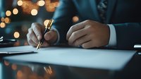 Professional signing contract with luxury fountain pen on desk with bokeh lights in background, closeup of male hands in business suit working late.