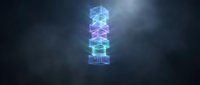 Glowing neon blockchain cubes stacked vertically with holographic effects on dark background for cryptocurrency and digital technology concepts.