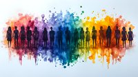 Silhouettes of diverse people standing against vibrant rainbow watercolor splash background showing unity, diversity and inclusion in community. Social concept art.