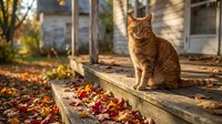 Orange tabby cat sitting on wooden deck in autumn setting with fallen leaves and house in background during golden hour sunlight.