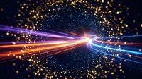 Dynamic light trails converge in cosmic space with golden particles and colorful energy beams creating futuristic digital technology background.