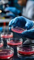 Scientist in protective gloves examining red bacterial culture samples in petri dishes during microbiological research in modern laboratory setting.