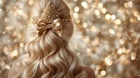 Elegant blonde wavy hairstyle with golden bow and pearl accessories against blurred festive bokeh background, romantic wedding or prom style.