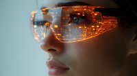 Futuristic orange holographic smart glasses display digital data interface on young Asian woman face in cyberpunk style against teal background.