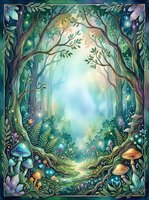 Enchanted forest pathway with towering trees, glowing mushrooms, and magical woodland flora creating a mystical nature scene for fantasy and children's book illustrations.