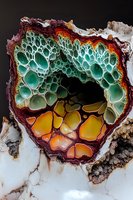 Macro photography of natural mineral formation showing vibrant turquoise and orange cellular patterns within rock cavity, revealing nature's abstract artistry.