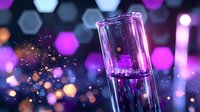 Elegant glass with sparkling liquid against purple and blue bokeh background with glowing particles creates magical atmosphere for celebration events.