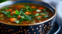 Homemade vegetable soup with fresh herbs and carrots in dark ceramic bowl with decorative pattern, served hot on rustic wooden table. Close up view.