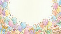 Colorful balloons, gift boxes, and confetti frame a cream background, creating a festive celebration scene. Isolated design element suitable for party invitations, greeting cards, and event marketing materials.