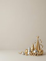 Festive holiday arrangement featuring gold and silver cone trees with metallic ribbons and 2024 numerals on neutral background, isolated for seasonal marketing and celebration designs.
