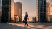 Professional businesswoman walking confidently through modern financial district during golden hour sunset, corporate success and leadership concept.