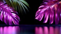 Vibrant purple monstera leaves with palm fronds reflecting on water surface against dark background, creating dramatic neon lighting effect and tropical atmosphere.