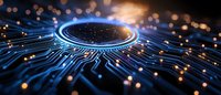 Glowing blue circuit lines with light effects radiating from central ring on dark background with golden bokeh lights creating futuristic technology concept.