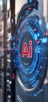 Futuristic circular interface displaying AI text in red with glowing blue digital elements and data visualization graphics against dark background.