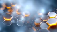 Glowing hexagonal structure with orange light effects on blurred blue background creates futuristic technological pattern for science and innovation concepts.