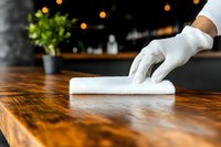 Professional cleaner in white gloves sanitizing wooden table surface with disinfectant wipe in modern restaurant kitchen for hygiene and safety.