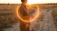 Young Caucasian man standing on rural dirt road at golden hour sunset with glowing circular light effect around body creating mystical atmosphere in countryside.