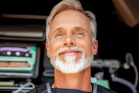 Mature bearded man with white hair and bright smile wearing black apron against blurred background. Professional portrait showing confidence and friendliness.
