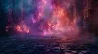 Mystical stone pathway in dark fantasy environment with glowing pink and purple fog, perfect for book covers or gaming backgrounds. Ancient ruins atmosphere.