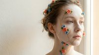 Young Caucasian woman with artistic floral face painting featuring colorful roses and leaves on cheeks and forehead in natural light portrait.