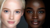 Close up portrait of two diverse women with contrasting features showing natural beauty and friendship against dark background, celebrating diversity and inclusivity.