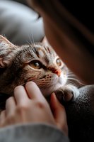 Close-up portrait of ginger cat being petted, showing tender moment between pet and owner. Soft natural lighting highlights cat's expressive eyes and facial features.