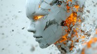 Surreal profile of crumbling face sculpture with glowing orange light emerging through cracks, artistic conceptual composition showing transformation and inner light.