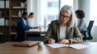 Mature woman with gray hair and glasses wearing business attire writing on documents at desk in modern office with colleagues working in background.