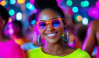 Young African American woman with natural hair wearing bright orange glasses and green hoop earrings smiling against colorful bokeh lights background. Vibrant nightlife atmosphere.