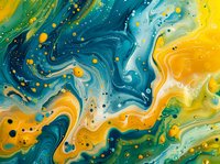 Abstract fluid art with swirling blue, yellow, and green paint creating a marbled effect resembling ocean waves and cosmic nebulae.