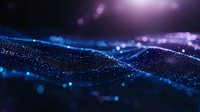 Abstract digital wave of glowing particles with blue and purple bokeh lights on dark background, creating futuristic technology visualization effect.