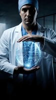 Male surgeon in scrubs holding glowing digital brain hologram in modern hospital setting representing medical technology and neuroscience innovation.