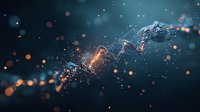 Abstract digital neural network connection with glowing nodes and particles against dark blue background, representing artificial intelligence technology.