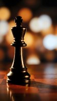 Black chess king piece standing on wooden board with warm bokeh lights creating strategic leadership and competition atmosphere for business concepts.