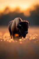 Majestic American bison standing in golden prairie grass at sunset, backlit with bokeh effect creating dreamy atmosphere, wildlife photography composition.