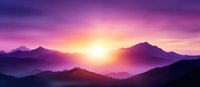 Majestic mountain landscape at sunrise with vibrant purple sky and golden sun rays illuminating misty peaks in layered silhouettes.