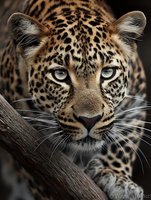 Stunning leopard portrait with piercing blue eyes and detailed spotted fur pattern resting on wooden branch against dark background.