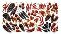 Assorted dried chili peppers and spices collection isolated on white background for culinary cooking and seasoning recipes.