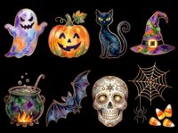 Spooky Halloween collection featuring ghost, jack-o-lantern, black cat, witch hat, cauldron, bat, skull, spider web and candy corn. Isolated on transparent background, ready for t-shirts, stickers, clipart and print-on-demand designs.