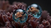 Delicate coral formations reflected in glass spheres, creating a mesmerizing underwater macro perspective against dark background.
