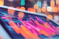 Vibrant stock market chart display with pink and orange gradient lines against blurred city lights background, showing financial data analysis and trading trends.
