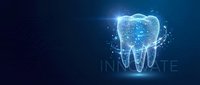 Digital tooth hologram with glowing particles on dark blue background for dental technology and healthcare innovation concepts.