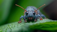Macro photography of gray beetle with orange antennae resting on green leaf with water drops. Front view shows detailed compound eyes and textured exoskeleton surface.